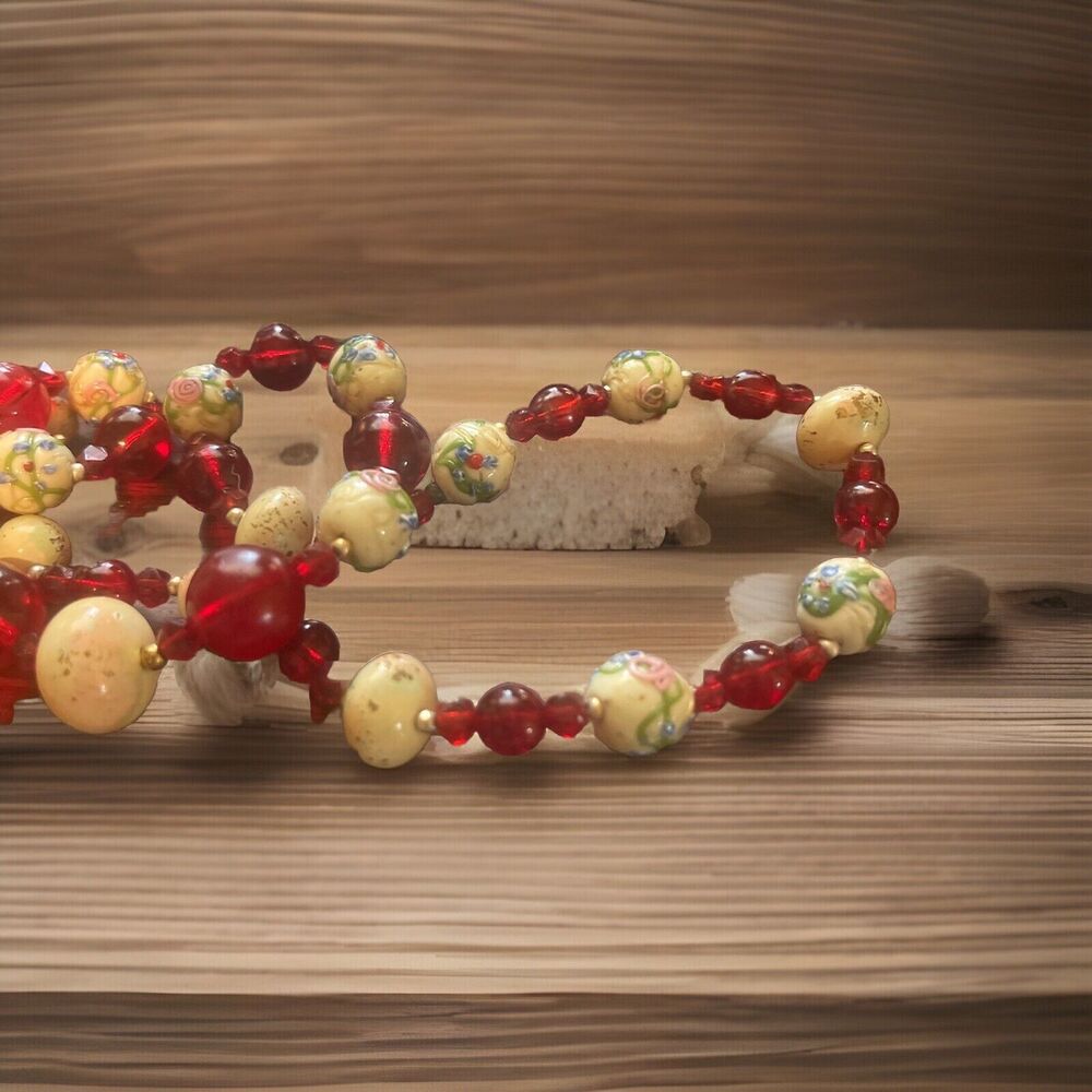Murano Cream Wedding Cake Glass, Red Glass Necklace & VTG Beads GrannyCore 37 in